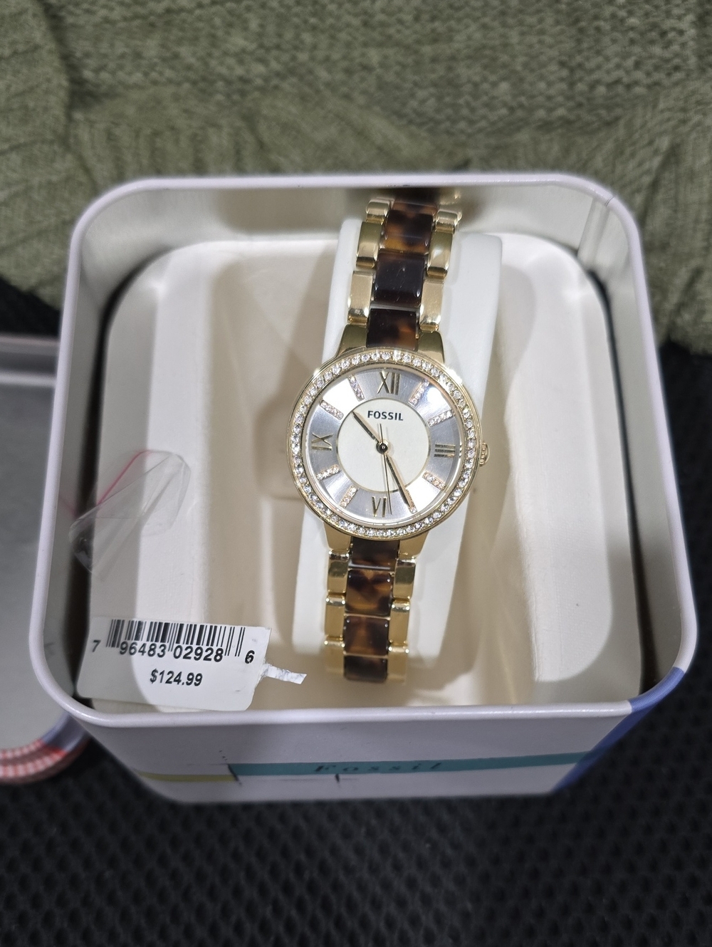 Fossil Women's Gold-Tone Watch with Tortoiseshell Bracelet and Crystal Bezel